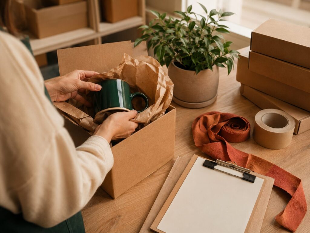 An InfinityNest team member carefully packing a ceramic mug for shipping